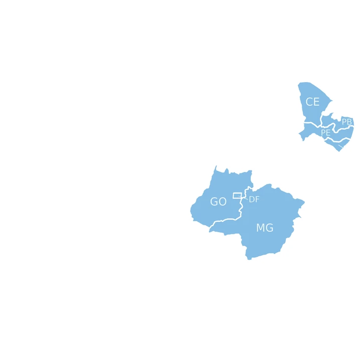 Mapa do Brasil com destaque para os estados com processos ativos: Pernambuco, Ceará, Paraíba, Alagoas, Distrito Federal, Goiás e Minas Gerais